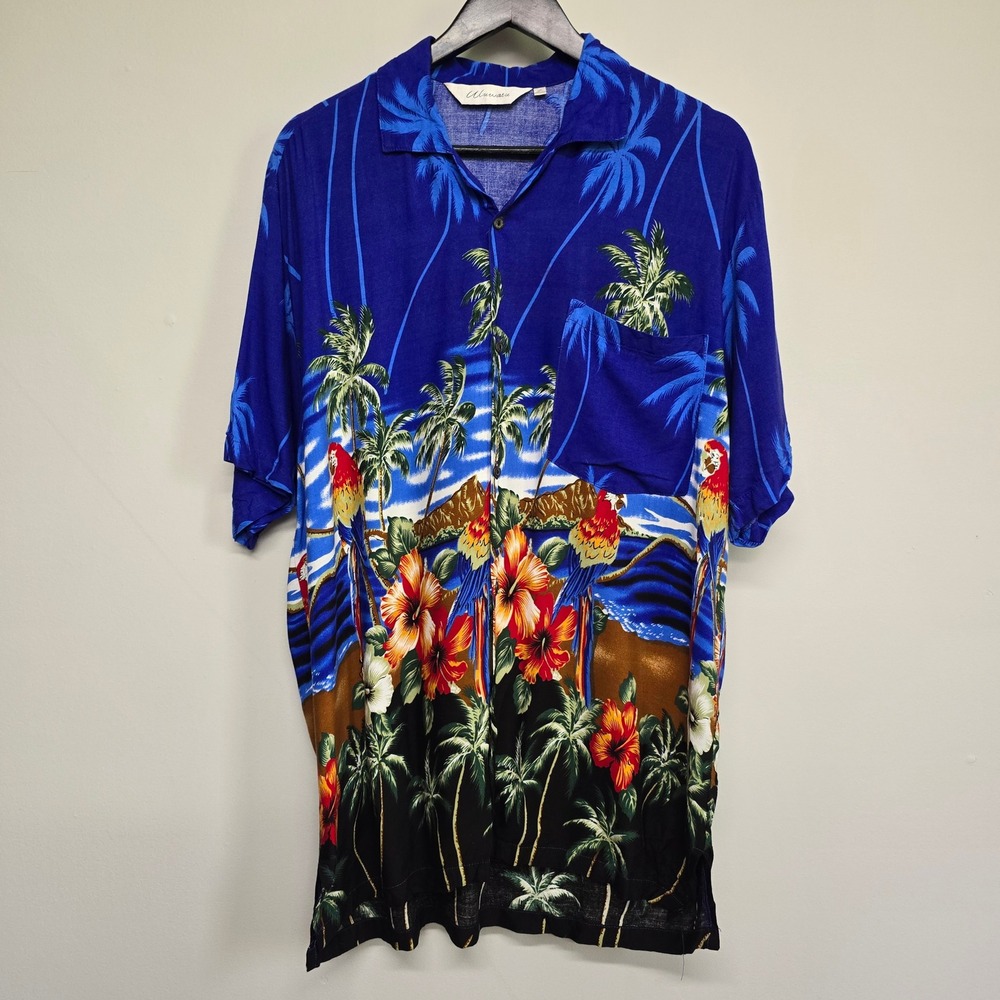 Uluwatu‎ Hawaiian Shirt Mens XL Blue Parrot Hibiscus Tropical Rayon Aloha Boho